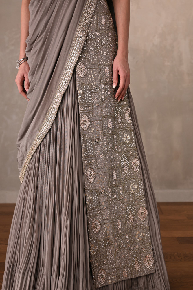 Embroidered Crepe Draped Gown With Pleated Skirt