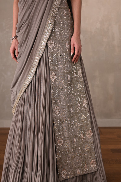 Embroidered Crepe Draped Gown With Pleated Skirt