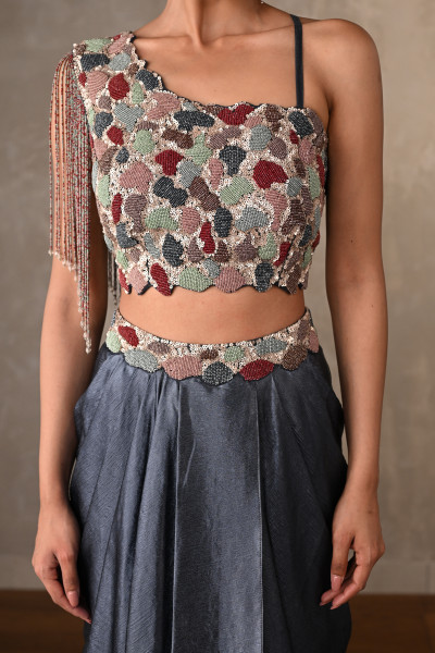 Blue Embellished Asymmetric Satin Co-Ord Set