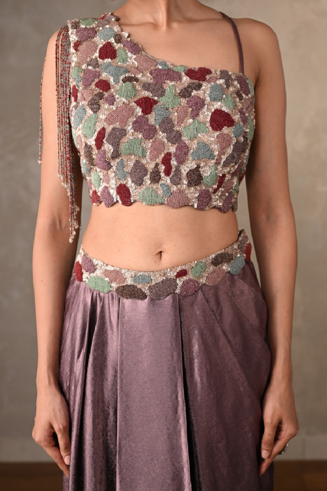 Mauve Embellished Asymmetric Satin Co-Ord Set