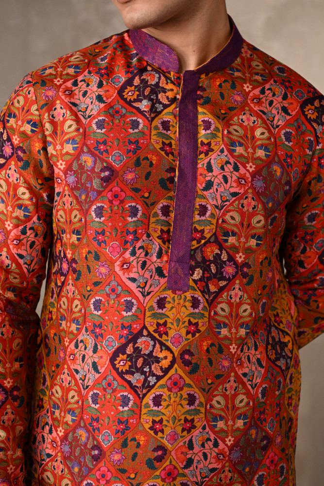 Yellow-Multicolour Festive Mosaic Silk Kurta