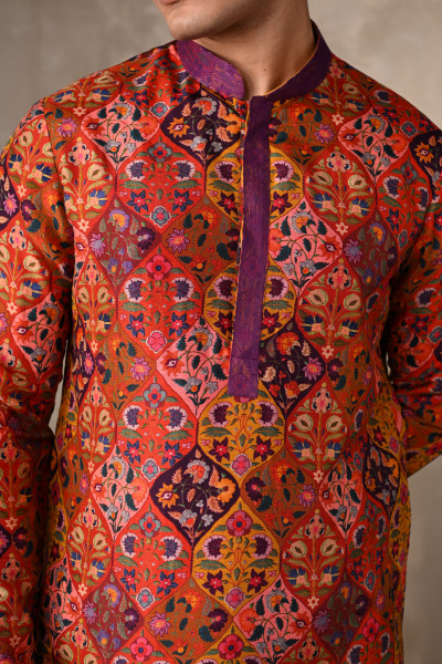 Yellow-Multicolour Festive Mosaic Silk Kurta