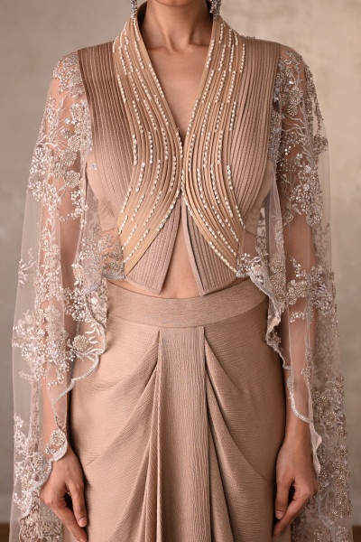 Champagne Satin Draped Skirt with Structured Sheer Cape