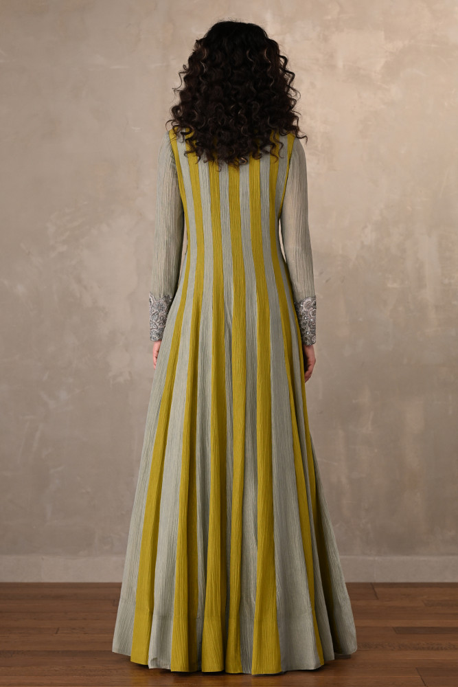 Olive & Sage Striped Organza Crush Anarkali With Silver Embroidery