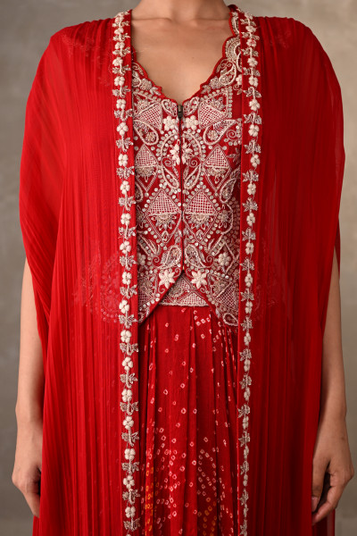 Zardosi Embellished Cape Set With Bandhej Drape Skirt