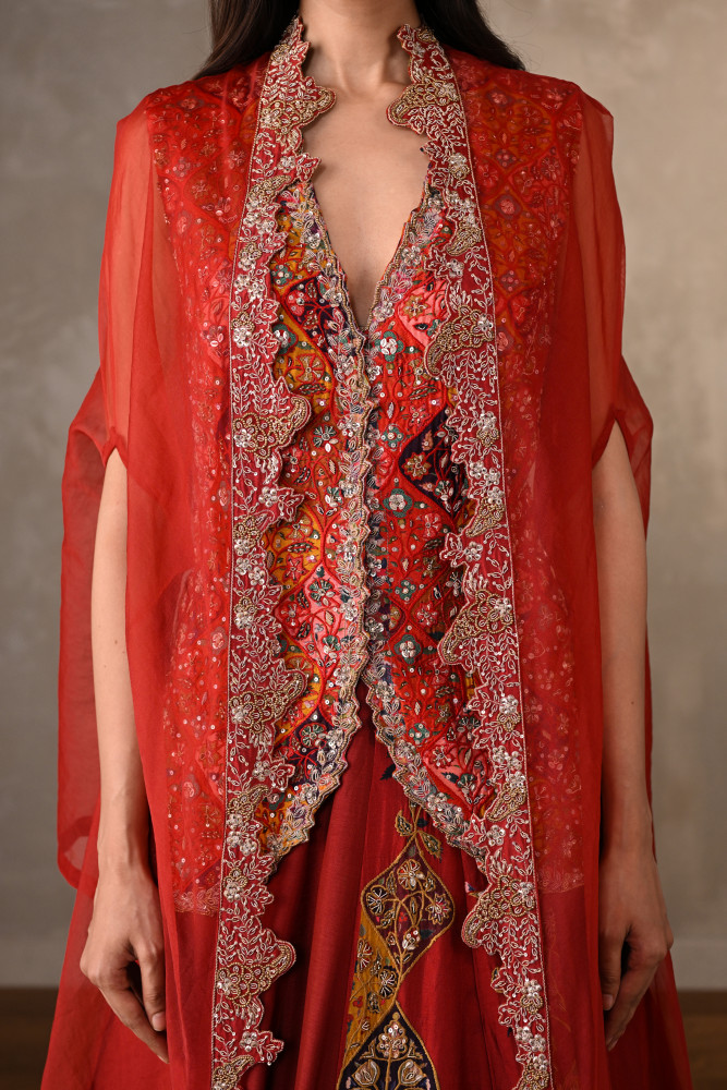 Red Multicolour Threadwork Embroidered Lehenga Set