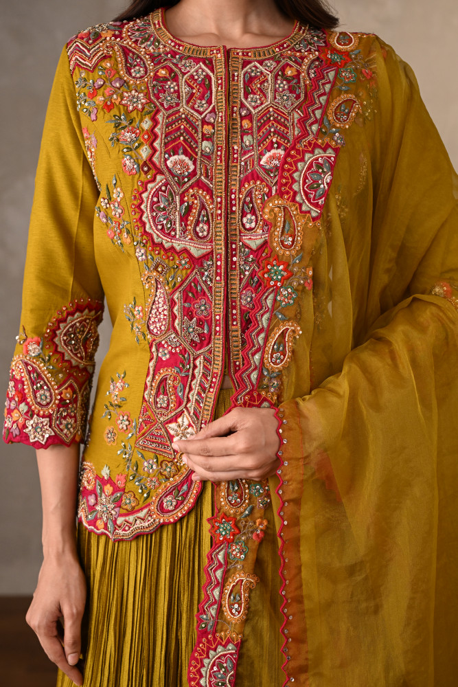Mustard Rouge Crushed Organza Lehenga Set
