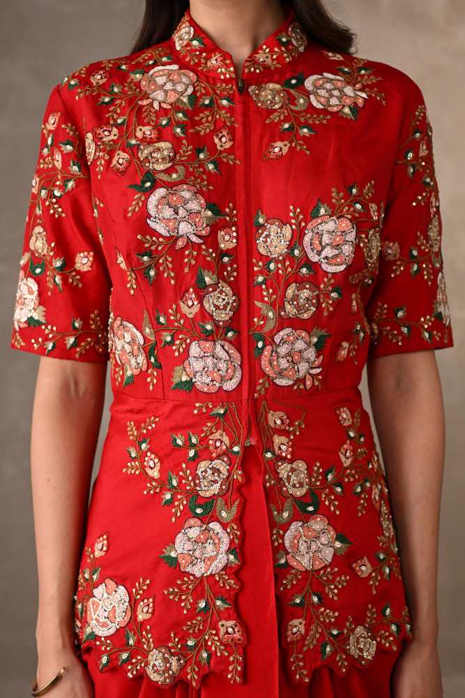 Red Threadwork Peplum Set