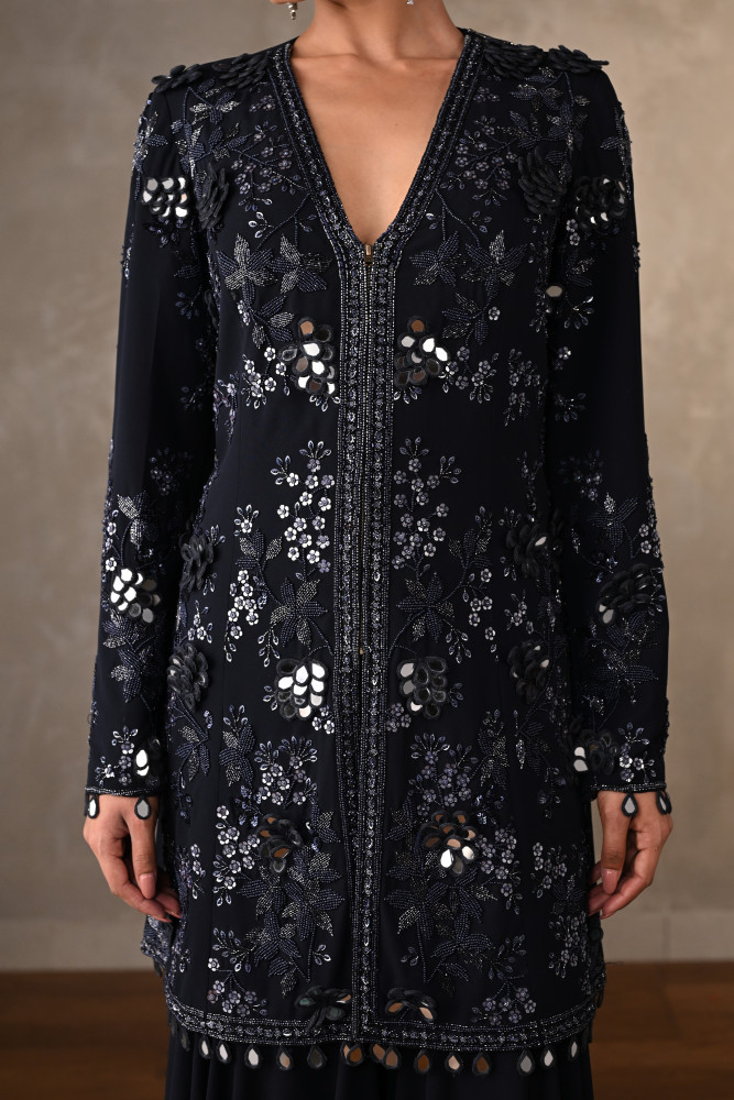 Navy Blue Georgette Embellished Top With Wide-Leg Pants