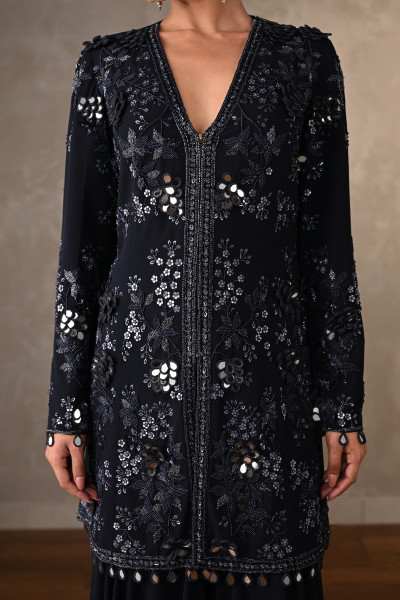 Navy Blue Georgette Embellished Top With Wide-Leg Pants