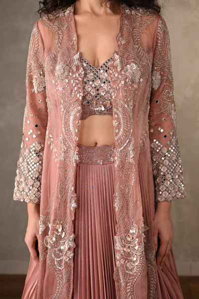 Rosewood Radiance Embellished Skirt Set With Cape