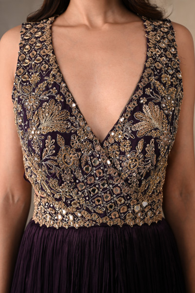 Moss Mirror Embroidered Pleated Gown