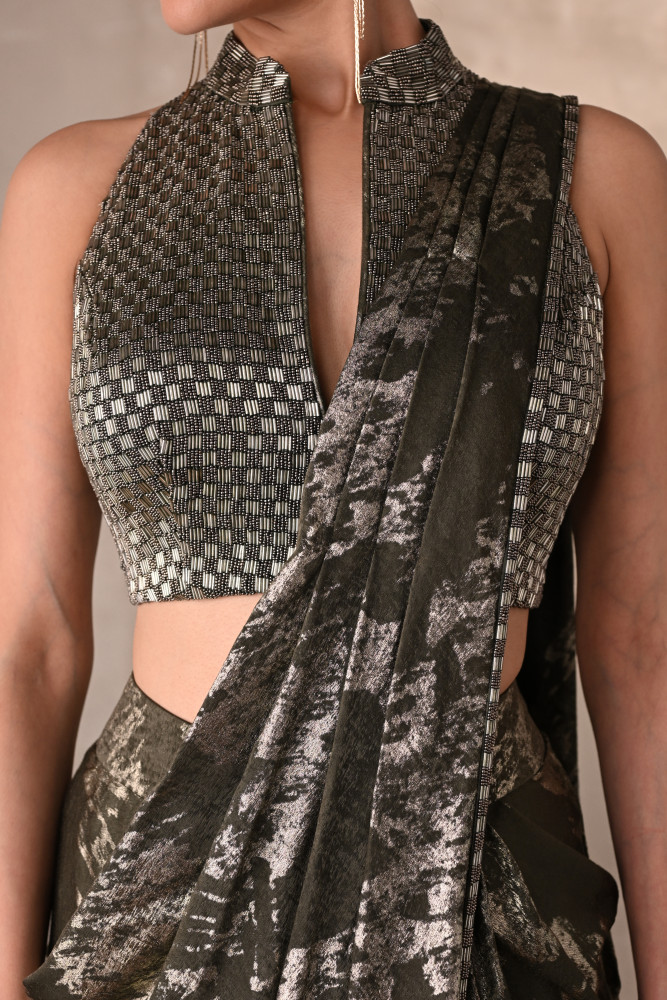 Olive Lustre Foil Drape Saree