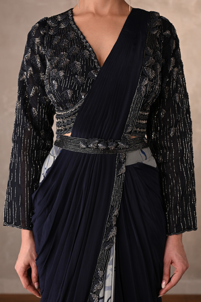 Noir Bloom Belted Crepe Drape Saree