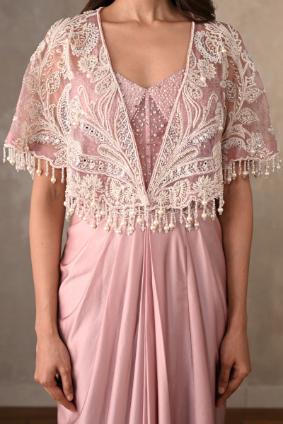 Blush Corset-Style Gown With Embroidered Cape