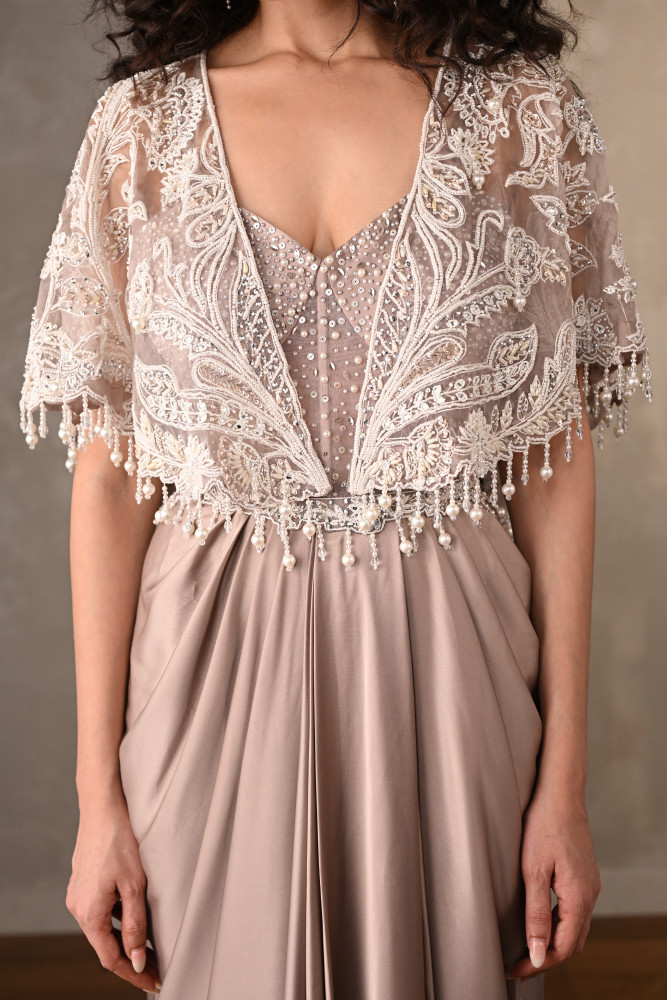 Blush Corset-Style Gown With Embroidered Cape