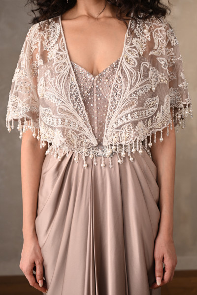 Blush Corset-Style Gown With Embroidered Cape