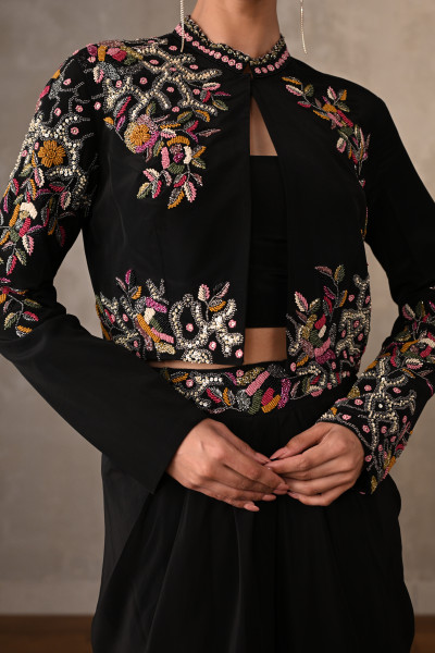 Noir Bloom Embellished Crepe Draped Skirt Set