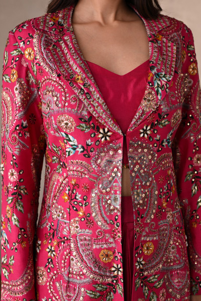Rani Silk Draped Skirt Set With Embroidered Long Jacket
