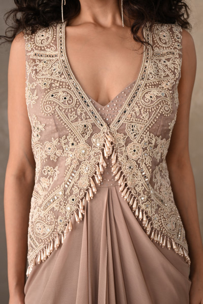 Beige Embellished Gown With Short Jacket