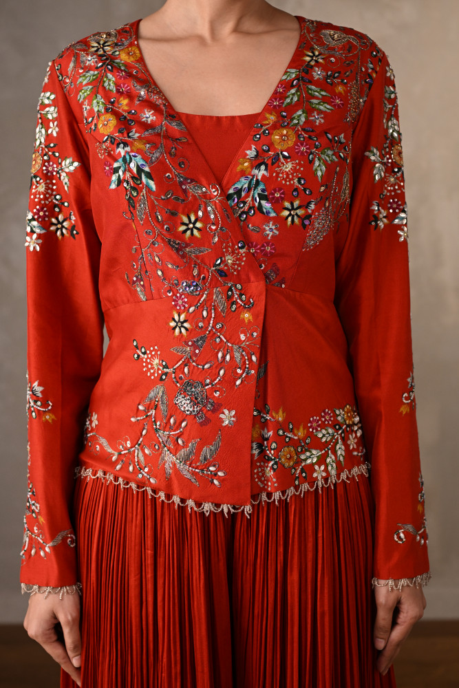 Brick Red Bloom Embellished Jacket With Pleated Pants