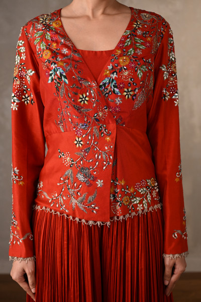 Brick Red Bloom Embellished Jacket With Pleated Pants