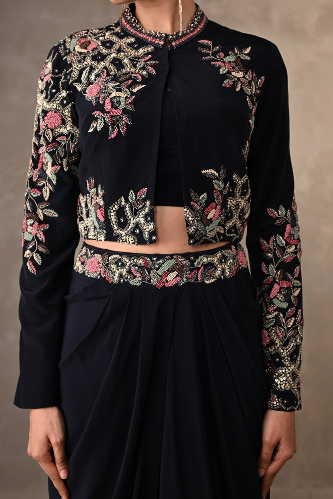 Noir Bloom Embellished Crepe Draped Skirt Set