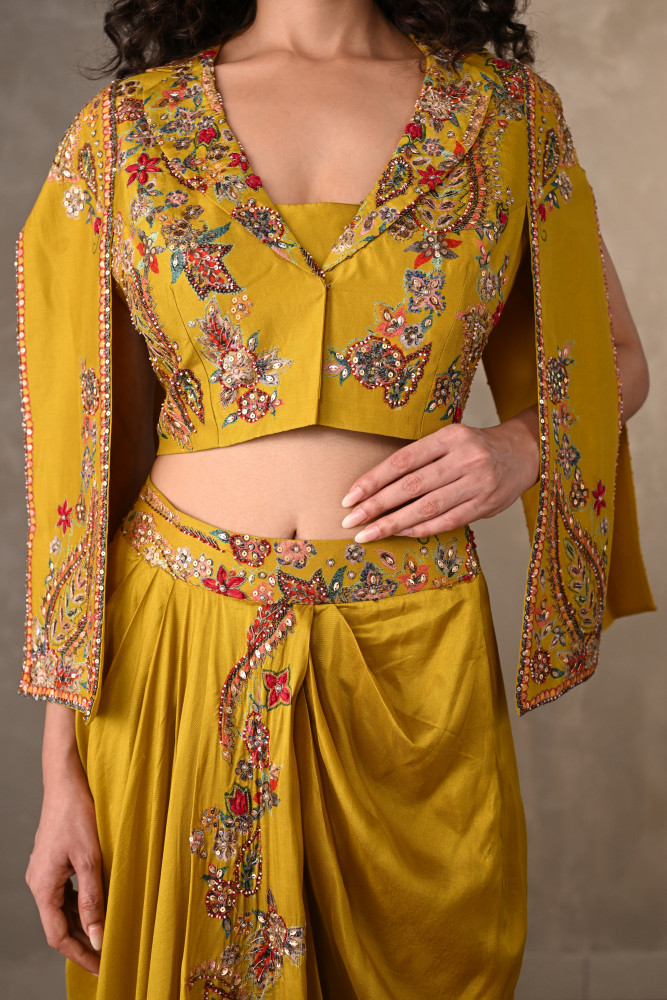 Mustard Marigold Embellished Silk Cropped Jacket Set
