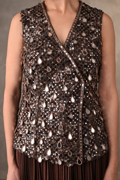 Mocha Radiance Mirror Work Crepe Top With Pleated Pants