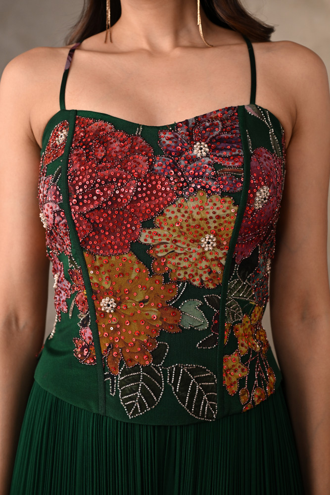 Emerald Bloom Printed Top With Pleated Georgette Pants