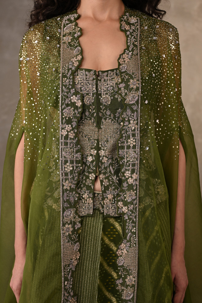 Green Regal Brocade Cape Lehenga Set