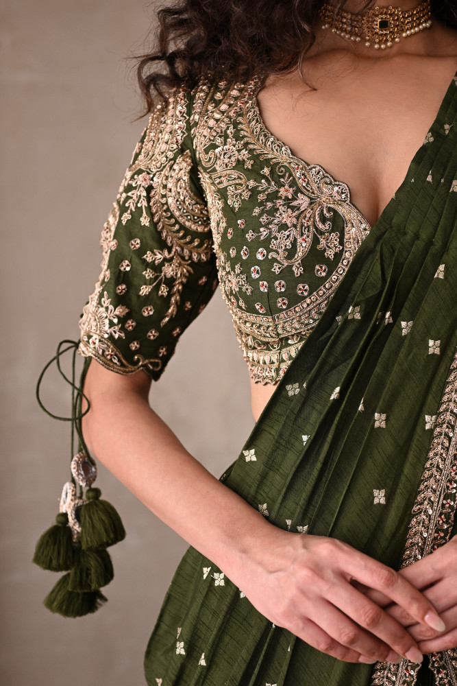 Olive Zari Tassel Drape Saree