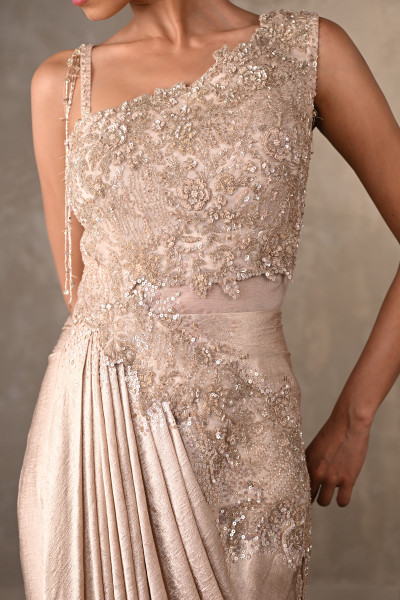Embellished Satin Drape Gown With Pearl Detailing