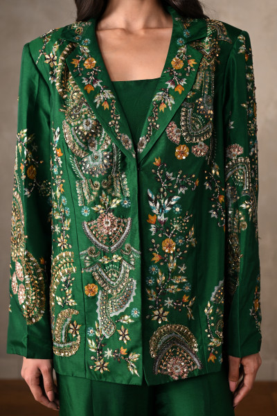 Green Silk Jacket And Sharara Set With Intricate Embroidery