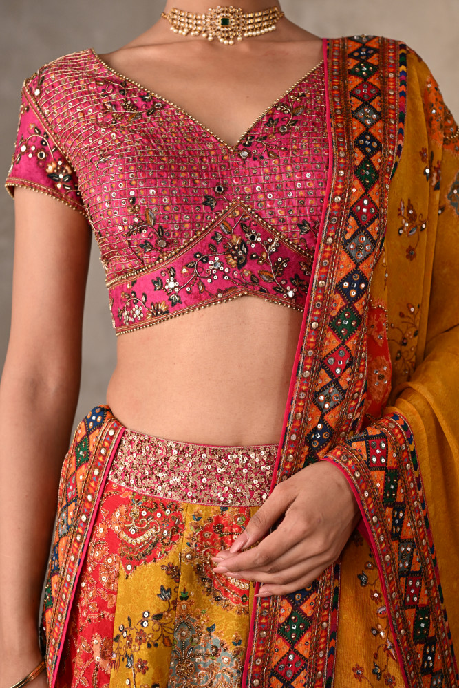 Multicolour Panelled Silk Embroidered Lehenga Set