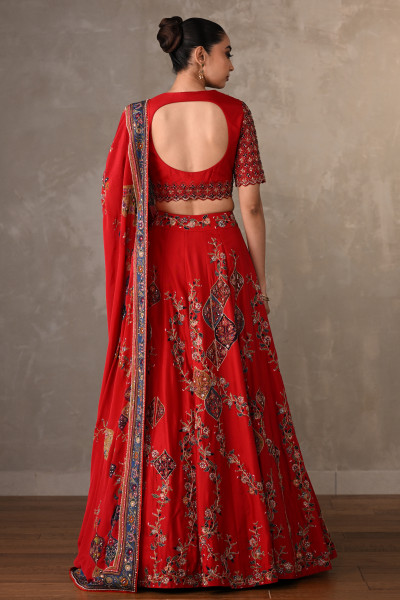 Red Silk Lehenga Set With Thread & Pearl Work