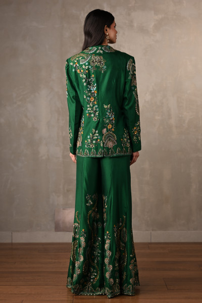 Green Silk Jacket And Sharara Set With Intricate Embroidery