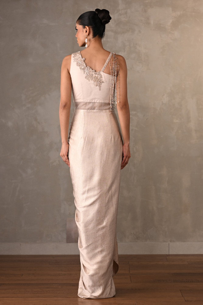 Embellished Satin Drape Gown With Pearl Detailing