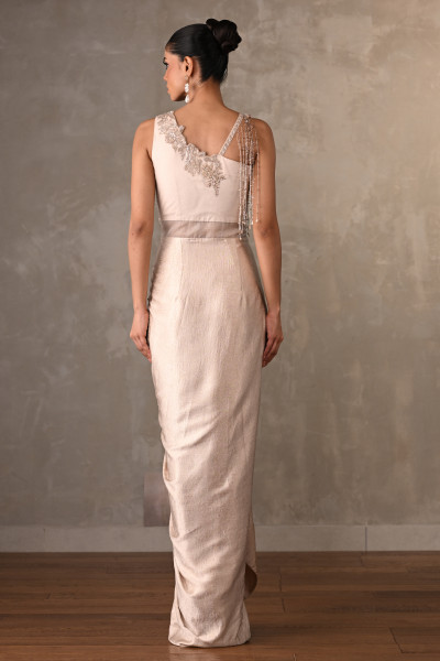 Embellished Satin Drape Gown With Pearl Detailing