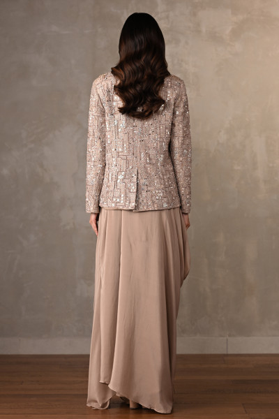 Champagne Mirror Work Jacket Set With Draped Skirt