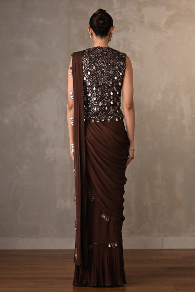 Brown Mirror Work Drape Saree
