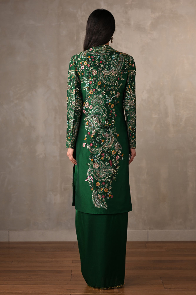 Green Silk Draped Skirt Set With Embroidered Long Jacket
