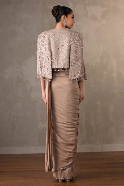 Tone-On-Tone Embroidered Drape Saree With Short Jacket