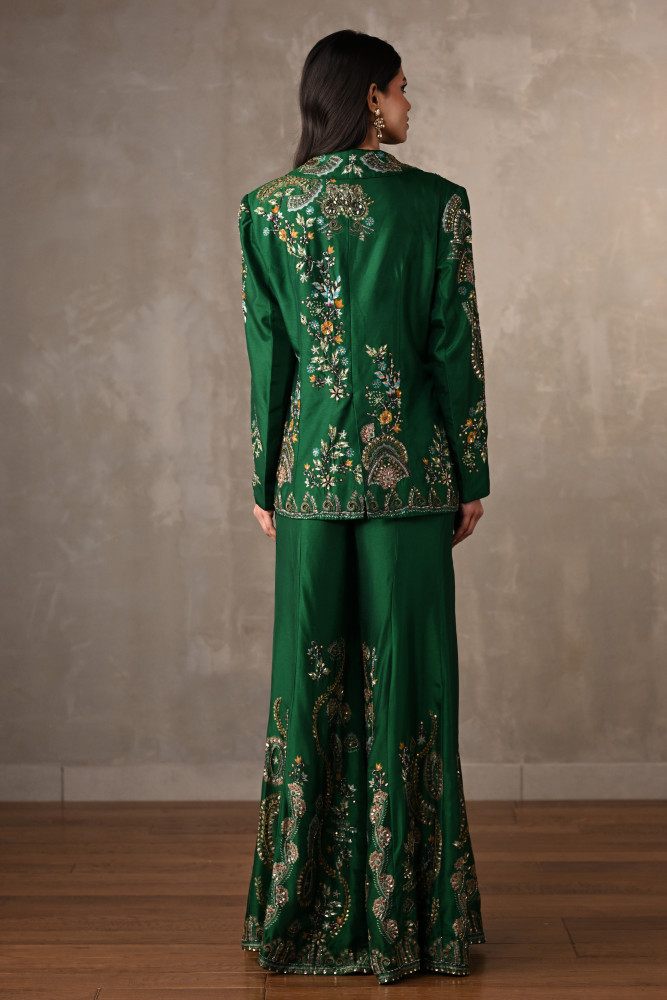 Green Silk Jacket And Sharara Set With Intricate Embroidery