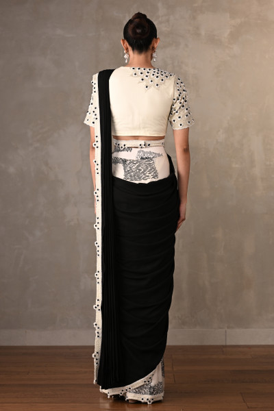 Off White-Black Contrast Floral Drape Saree