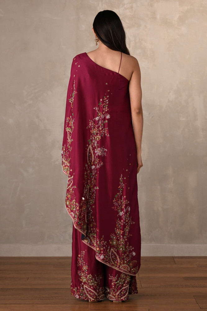 Red Silk One-Shoulder Kurta Set With Embroidered Sharara