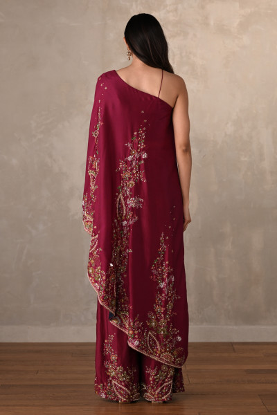 Red Silk One-Shoulder Kurta Set With Embroidered Sharara