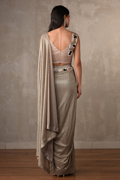 Dusty Grey Embellished Drape Saree Set