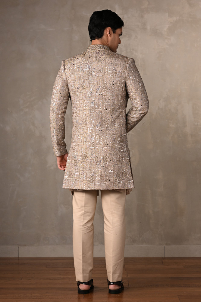 Beige Chanderi Open Jacket Sherwani with Kurta Set