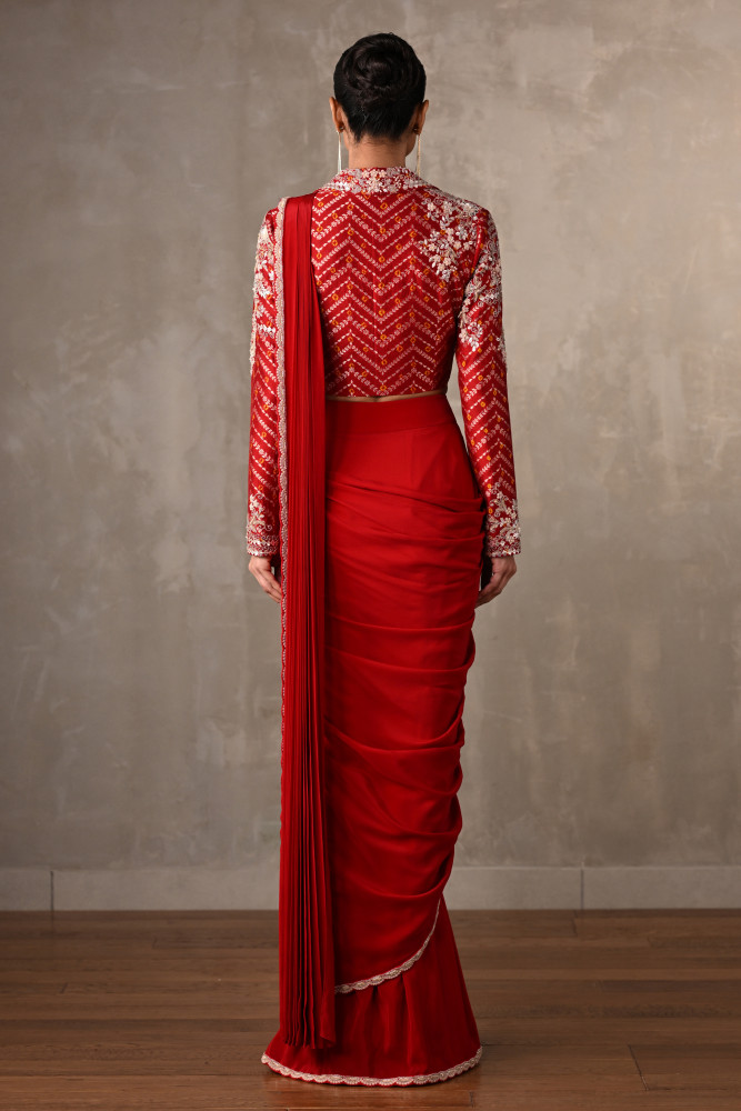 Red Embellished Crepe Drape Saree Set